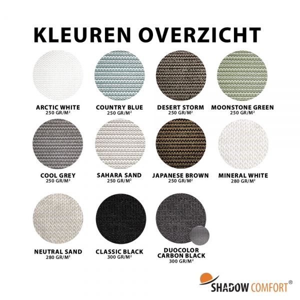 Kleurenoverzicht Schaduwdoek driehoek gelijkzijdig maatwerk